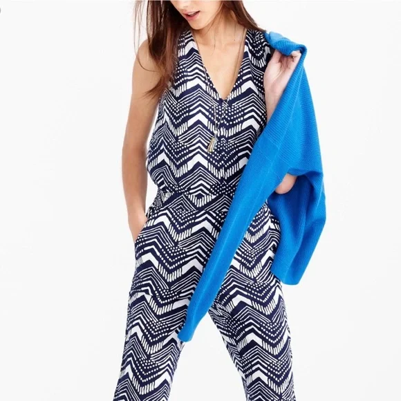 J. Crew Linen Cotton V-Neck Zig Zag Sleeveless Jumpsuit size 2 - Picture 1 of 12